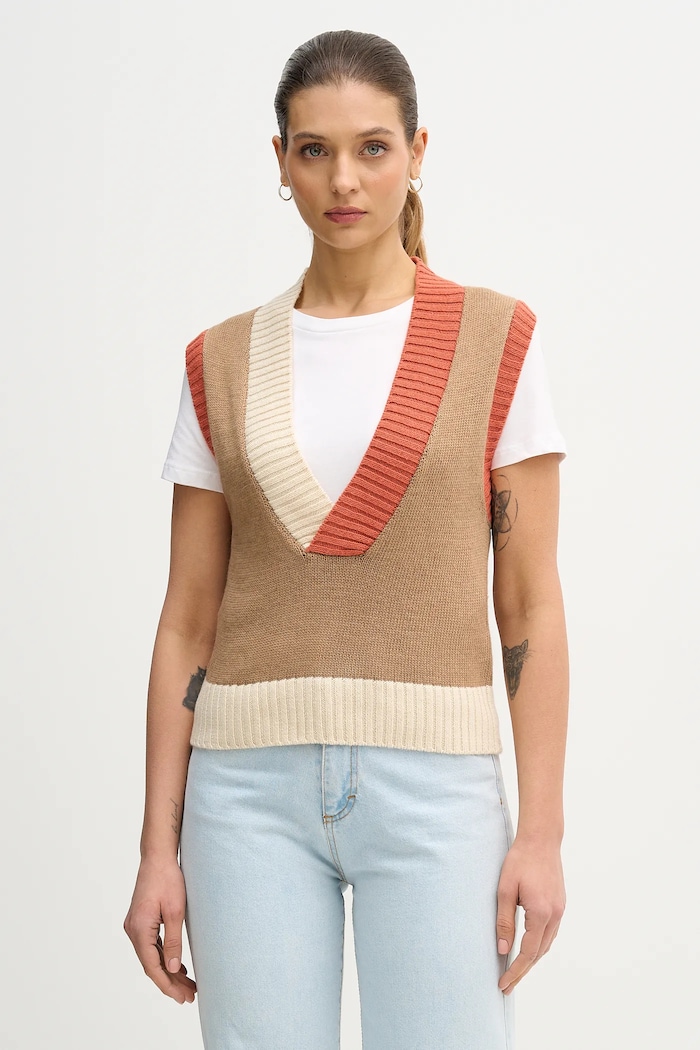 United Colors of Benetton mellény gyapjúkeverék mintás bézs 16YCE403M