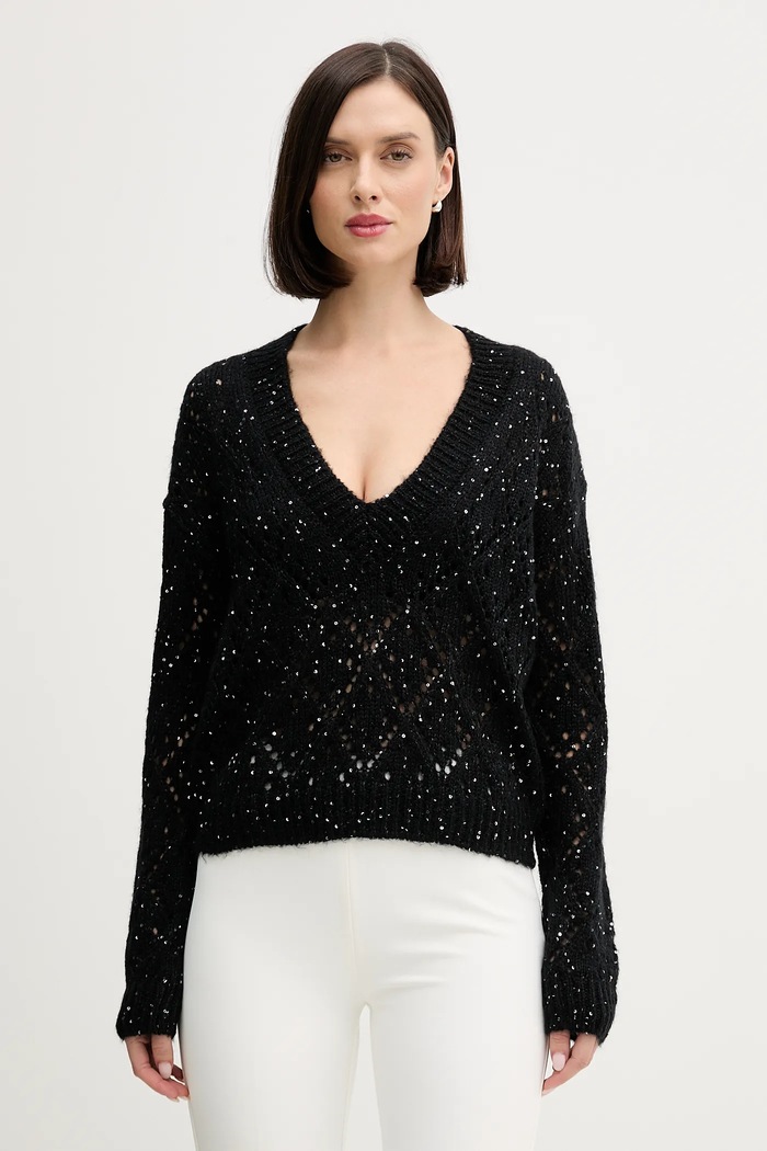 United Colors of Benetton sweter z domieszką wełny aplikacja czarny 1LPRD403G