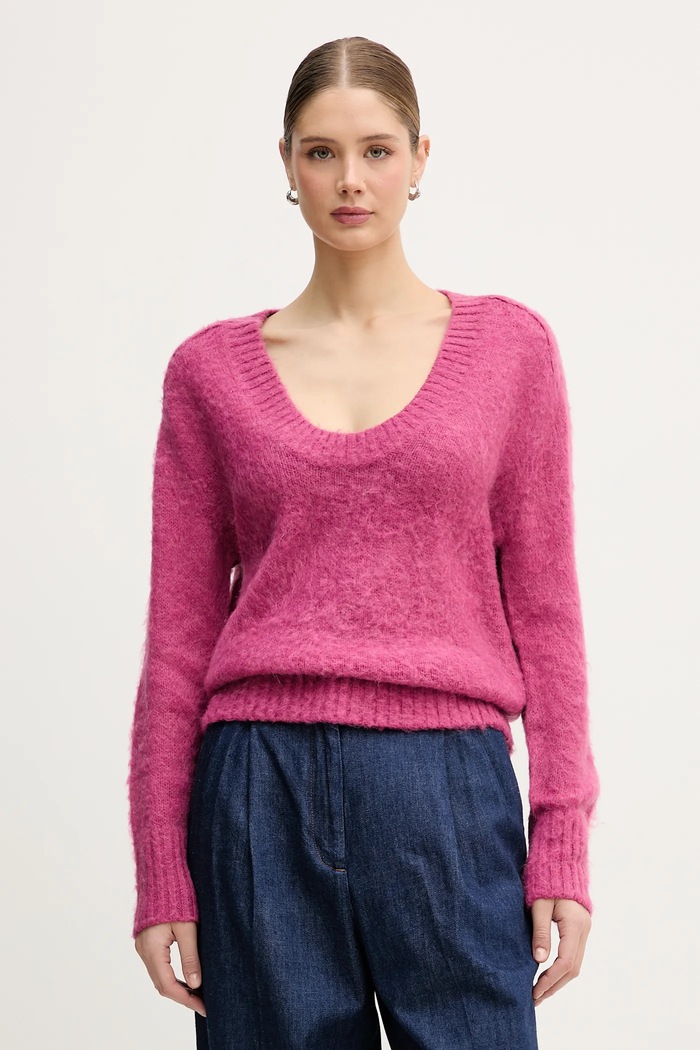 United Colors of Benetton sweter z dodatkiem moheru okrągły różowy 1VAAD10EX