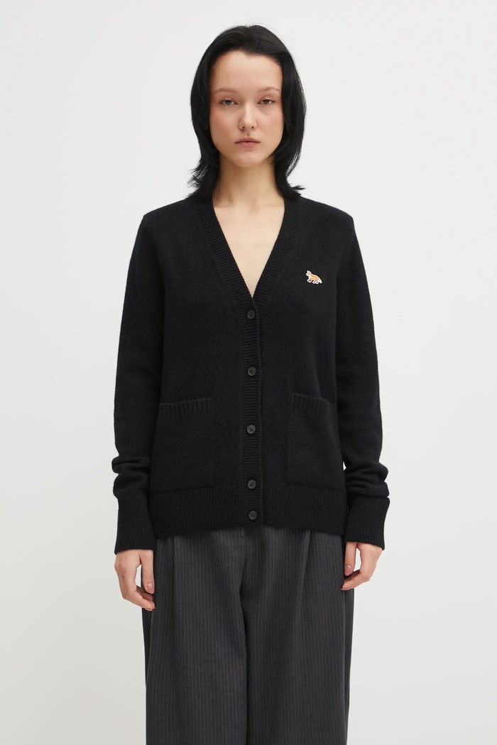 Вълнена жилетка Maison Kitsuné Baby Fox Lambswool Boxy изчистен черен PW00501KT1006