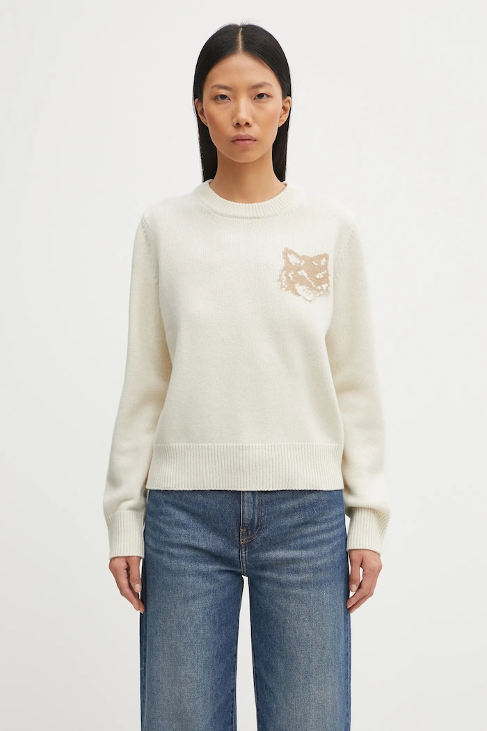 Maison Kitsuné woolen jumper Fox Head Intarsia Merino medium thickness beige NW00808KM0329