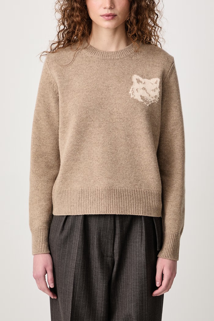 Fox Head Intarsia Merino пуловер от вълна дамски Maison Kitsuné бежов NW00808KM0329