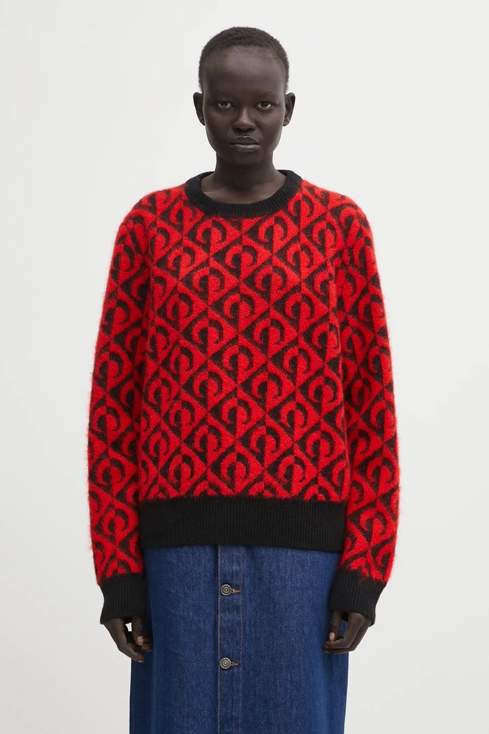 Marine Serre wool blend sweater Moon Lozenge Knit Crewneck chunky red MTK004ACKNI0539