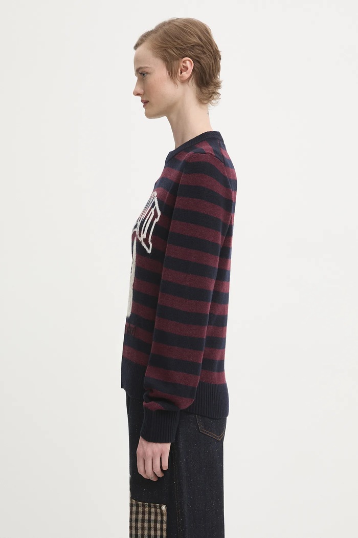 Svetr s příměsí vlny GANNI Graphic Wool Mix Poodle Stripe K2567 burgundské AW25