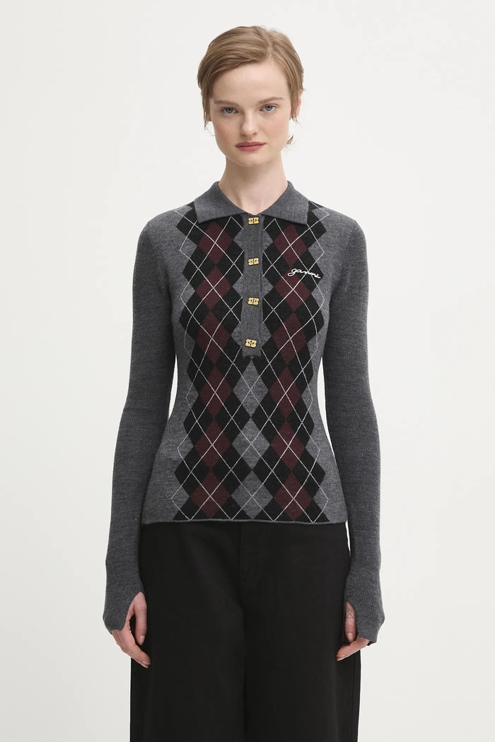 GANNI sweter wełniany Fine Merino Jacquard wełna szary K2314