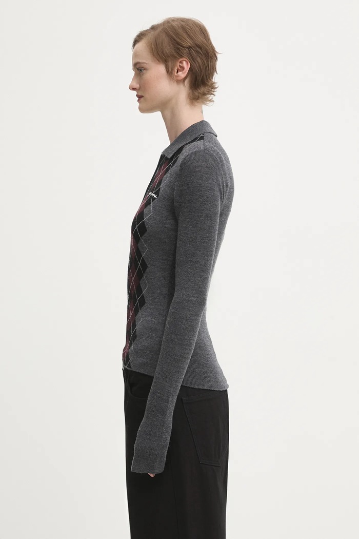 GANNI sweter wełniany Fine Merino Jacquard K2314 szary AW25