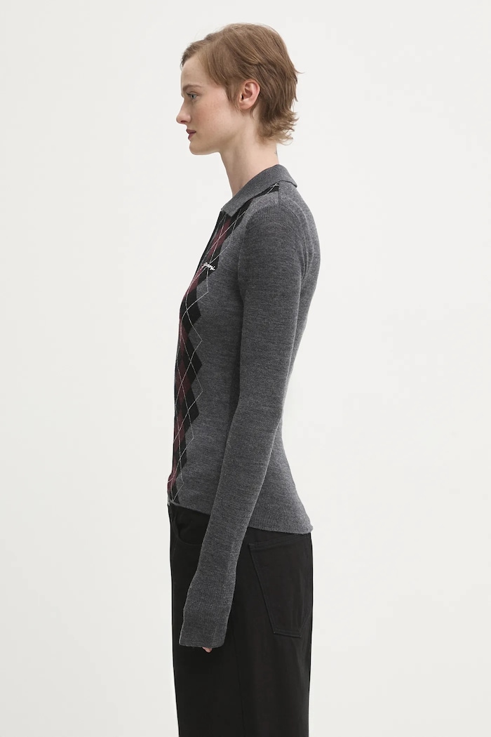 GANNI sweter wełniany Fine Merino Jacquard K2314 szary AW25
