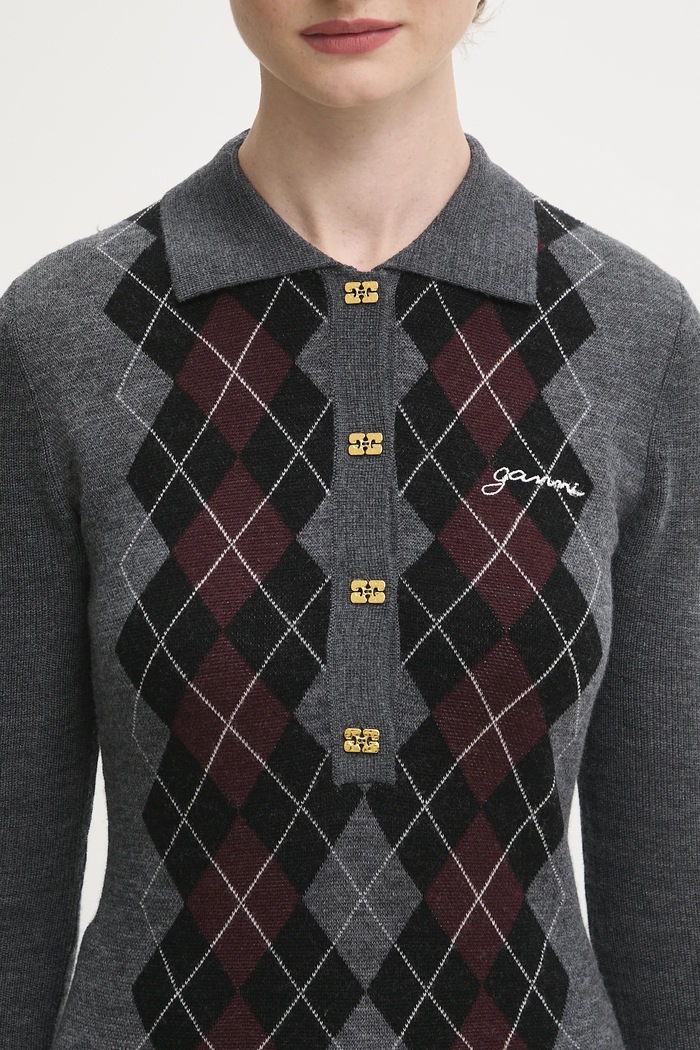 GANNI sweter wełniany Fine Merino Jacquard szary K2314