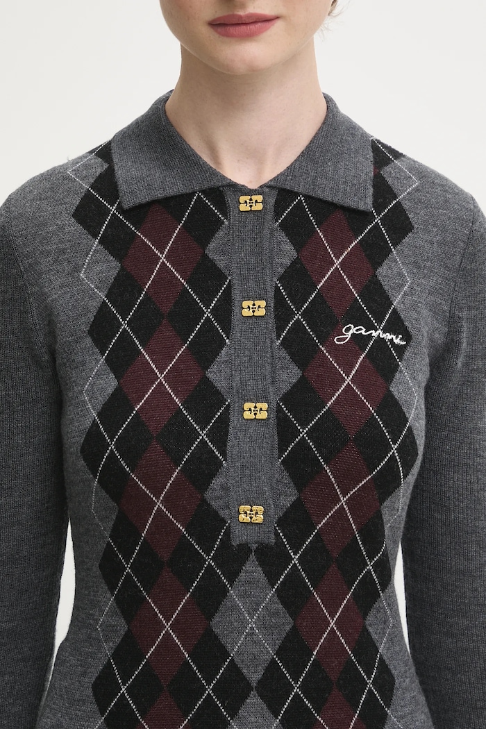 GANNI sweter wełniany Fine Merino Jacquard szary K2314