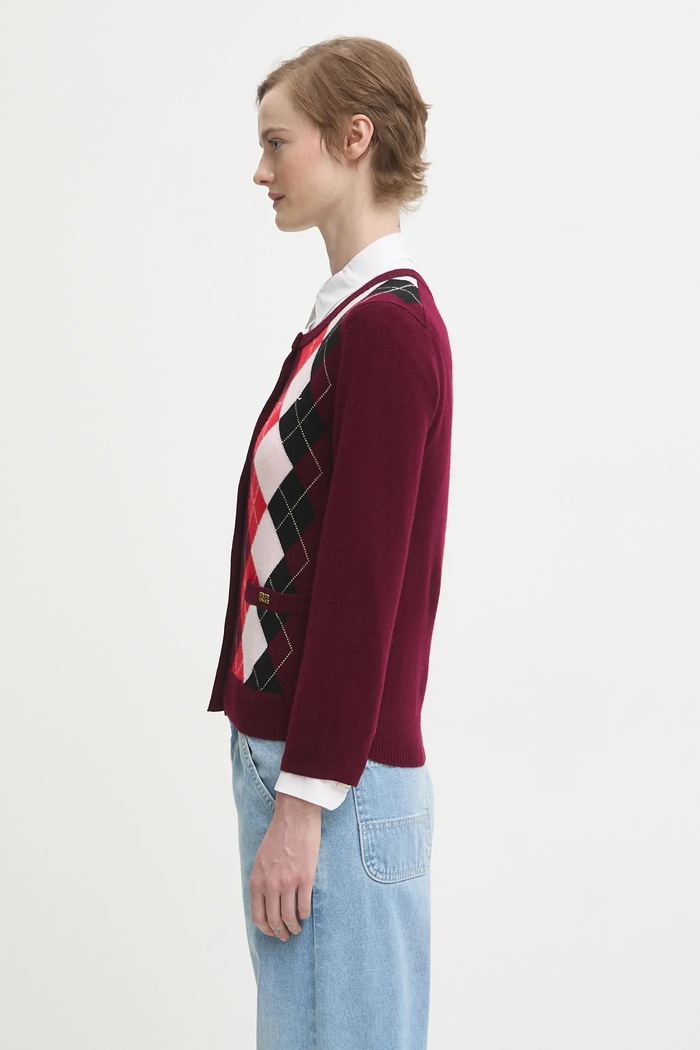 Vlněný kardigan GANNI Cashmere Wool Mix K2532 burgundské AW25