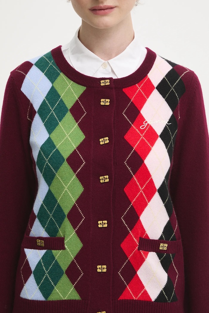 Vlněný kardigan GANNI Cashmere Wool Mix burgundské K2532