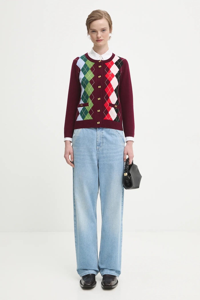 Vlněný kardigan GANNI Cashmere Wool Mix K2532 burgundské