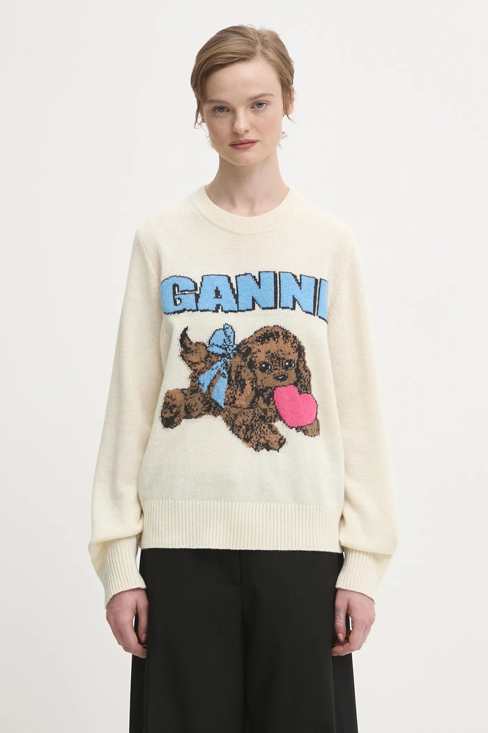 Svetr s příměsí vlny GANNI Graphic Wool Mix Fluffy Puppy Love kulatý béžová K2562