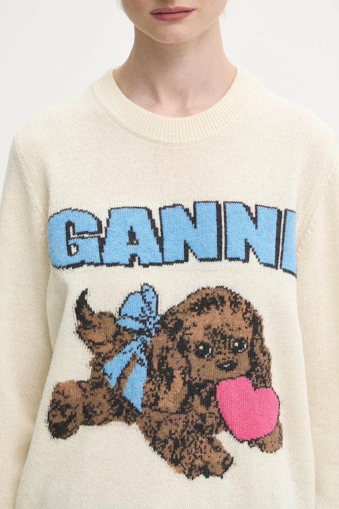 Svetr s příměsí vlny GANNI Graphic Wool Mix Fluffy Puppy Love béžová K2562