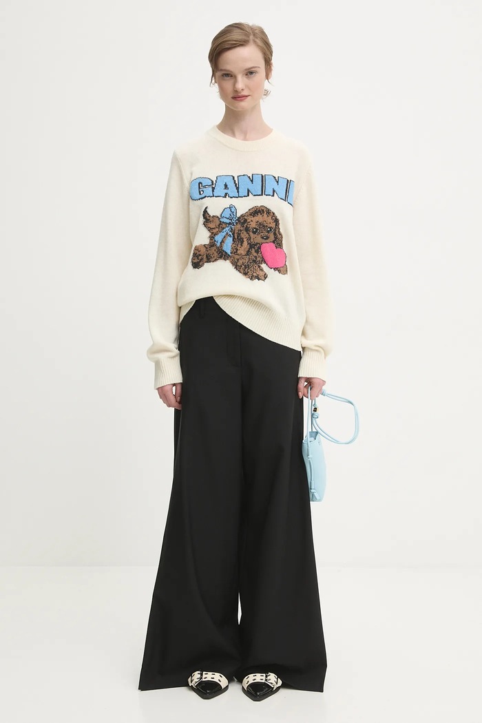 Svetr s příměsí vlny GANNI Graphic Wool Mix Fluffy Puppy Love K2562 béžová