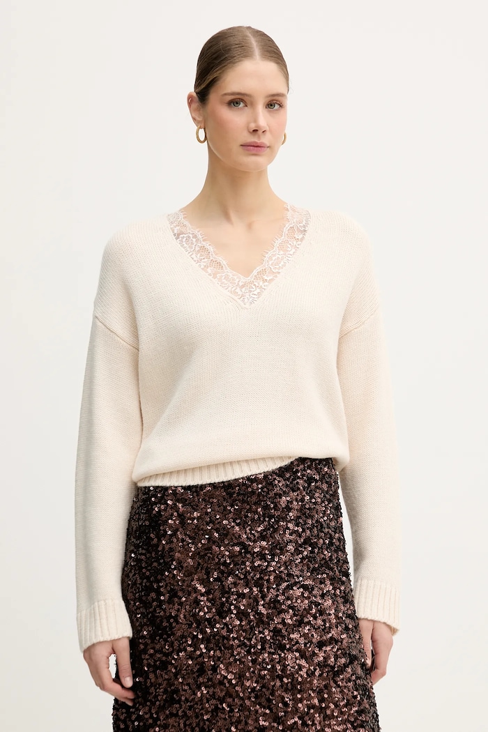 IBlues sweter z domieszką wełny RICAMO szpic beżowy 2527366025200