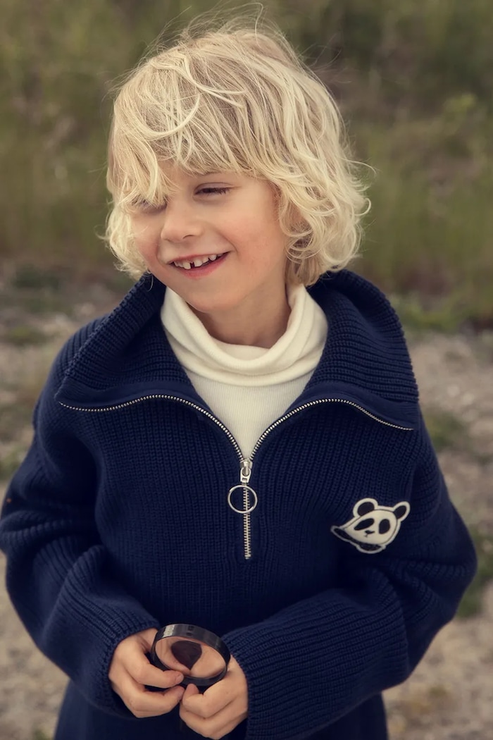 Mini Rodini sweter bawełniany dziecięcy Panda aplikacja granatowy 25720119