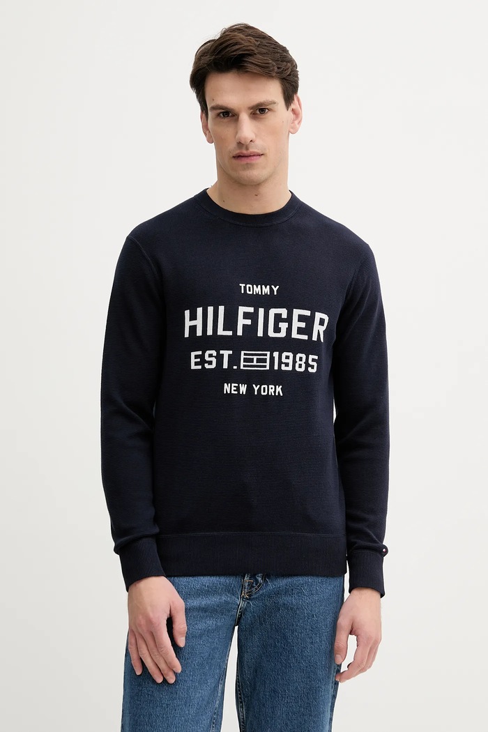 Bavlněný svetr Tommy Hilfiger kulatý námořnická modř MW0MW39533