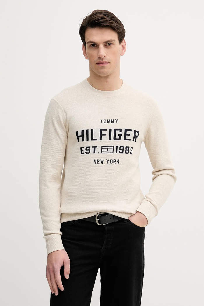 Bavlněný svetr Tommy Hilfiger kulatý béžová MW0MW39533