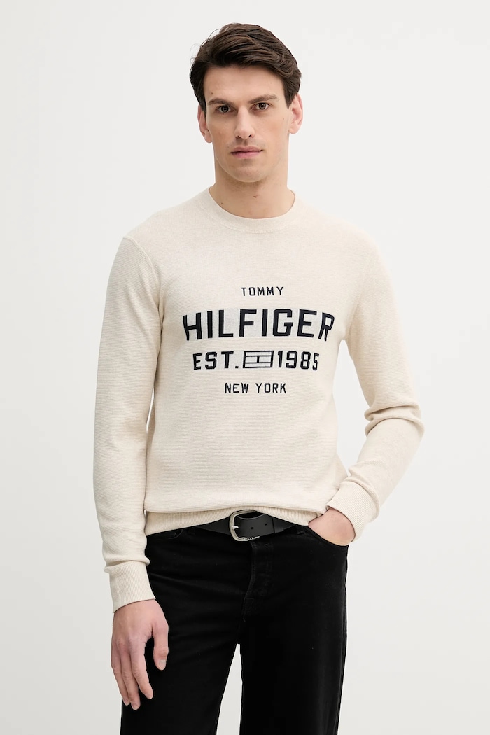 Bavlněný svetr Tommy Hilfiger kulatý béžová MW0MW39533