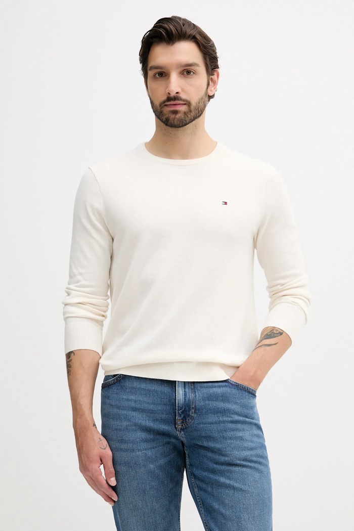 Bavlněný svetr Tommy Hilfiger kulatý béžová MW0MW39999