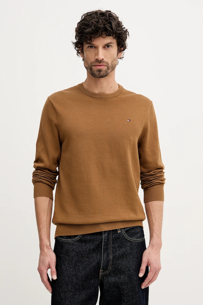 Bavlněný svetr Tommy Hilfiger kulatý hnědá MW0MW39999