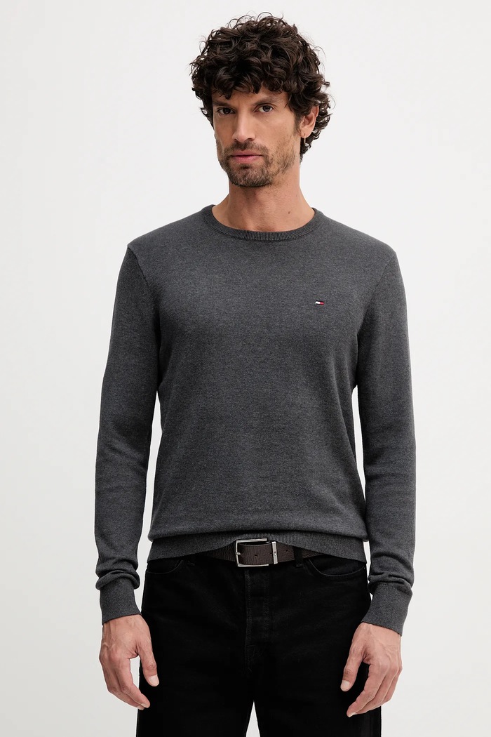 Bavlněný svetr Tommy Hilfiger kulatý šedá MW0MW39999