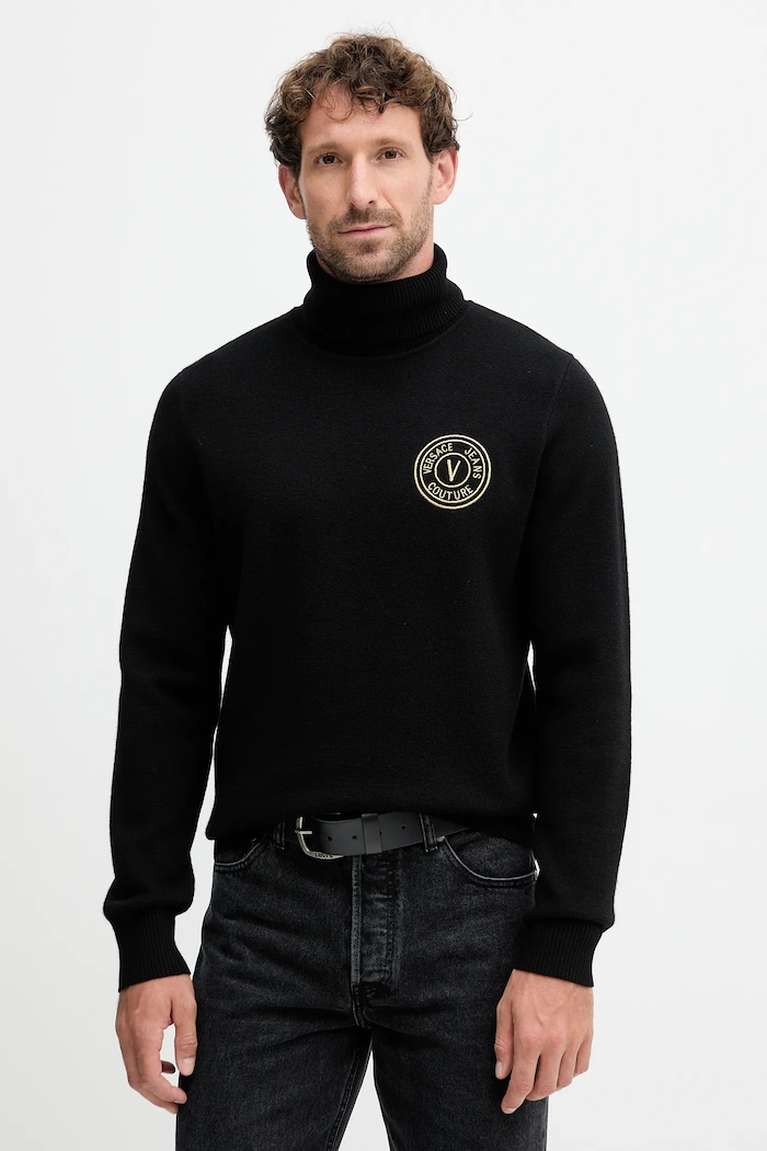 Versace Jeans Couture gyapjú pulóver aplikációval fekete 79GAFM14.CMH81
