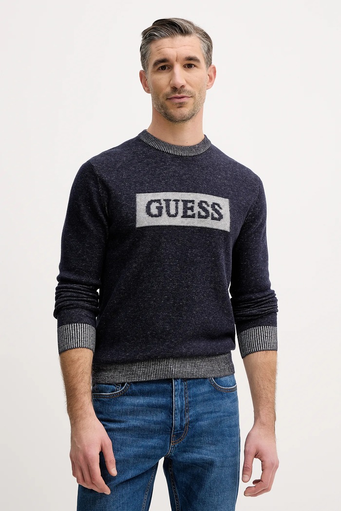 Πουλόβερ με προσθήκη μαλλιού Guess JACK στρογγυλό σκούρο μπλε M5BR28.Z0531