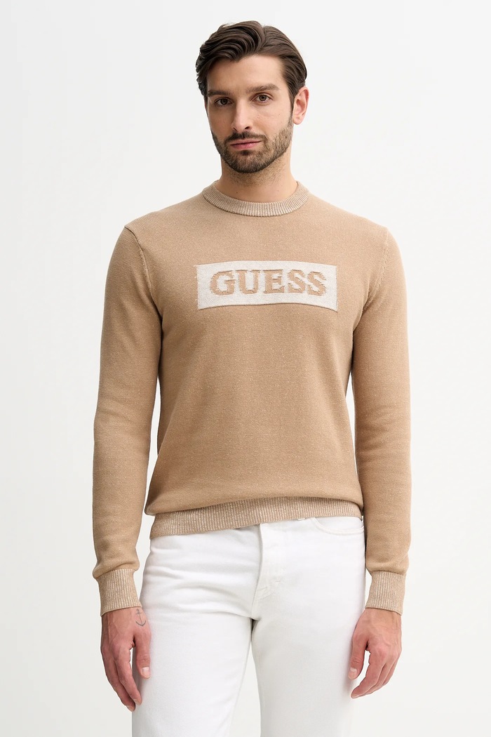 Πουλόβερ με προσθήκη μαλλιού Guess JACK στρογγυλό μπεζ M5BR28.Z0531
