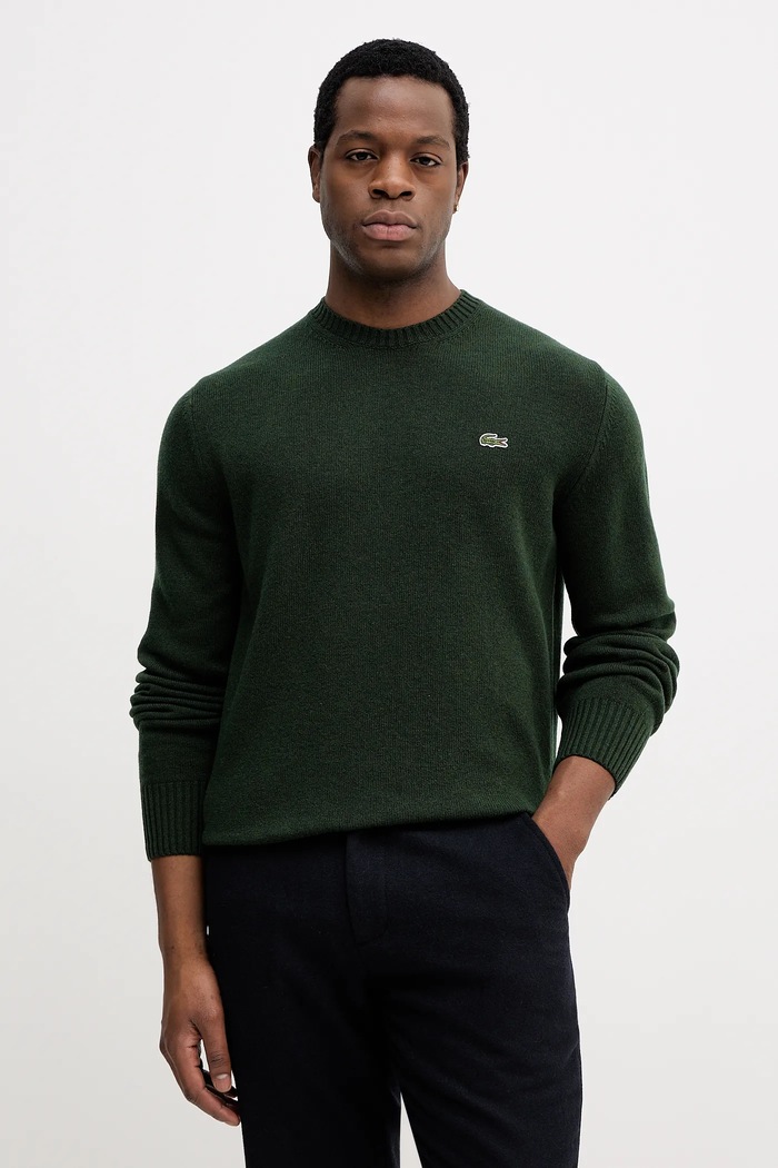 Lacoste sweter wełniany okrągły zielony AH2916