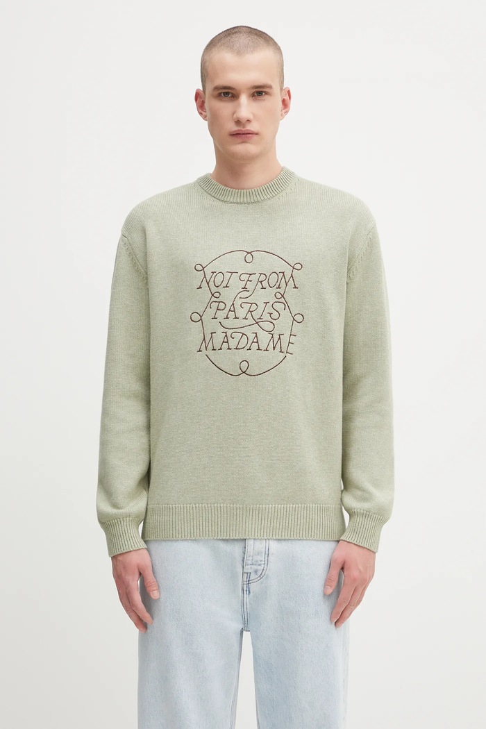 Vlnený sveter Drôle de Monsieur La Maille Slogan Tresses vlna zelená H.PO191.WO023