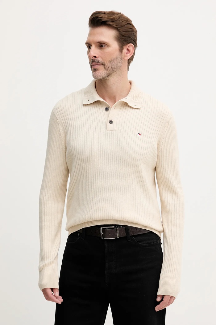 Tommy Hilfiger sweter z domieszką kaszmiru zapinany beżowy MW0MW40447