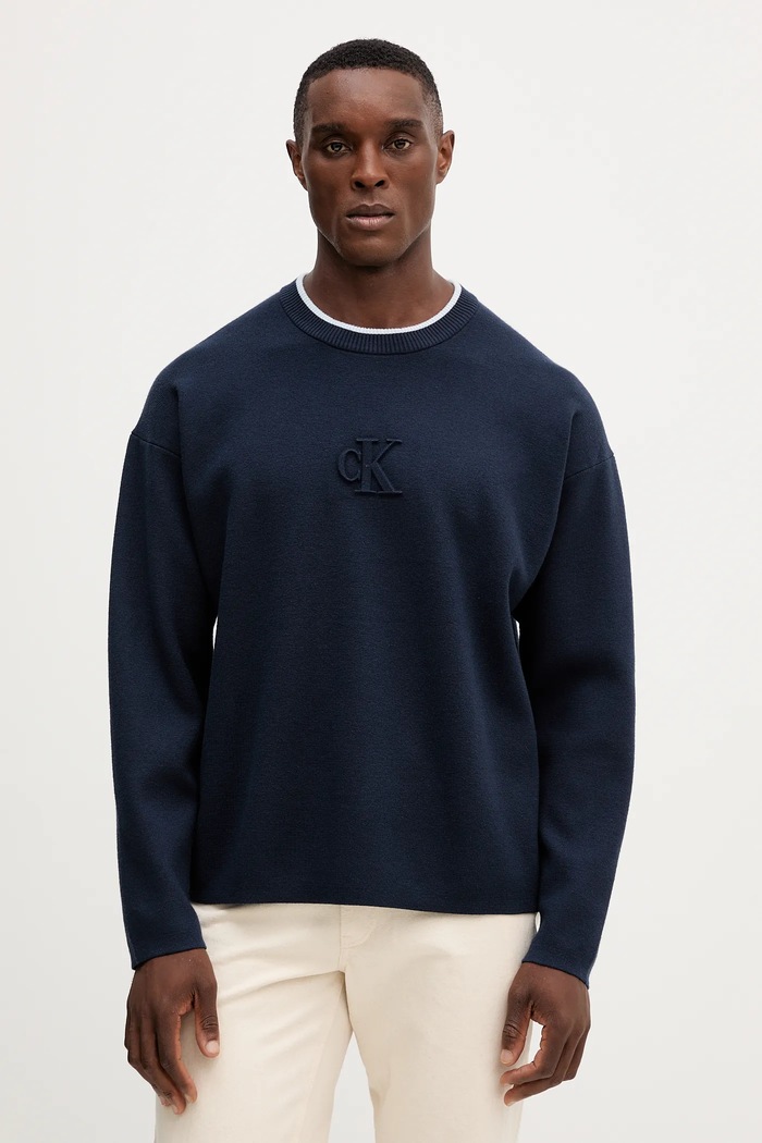 Sveter Calvin Klein Jeans melanž tmavomodrá LV04RD300G