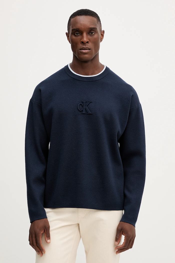 Sveter Calvin Klein Jeans melanž tmavomodrá LV04RD300G