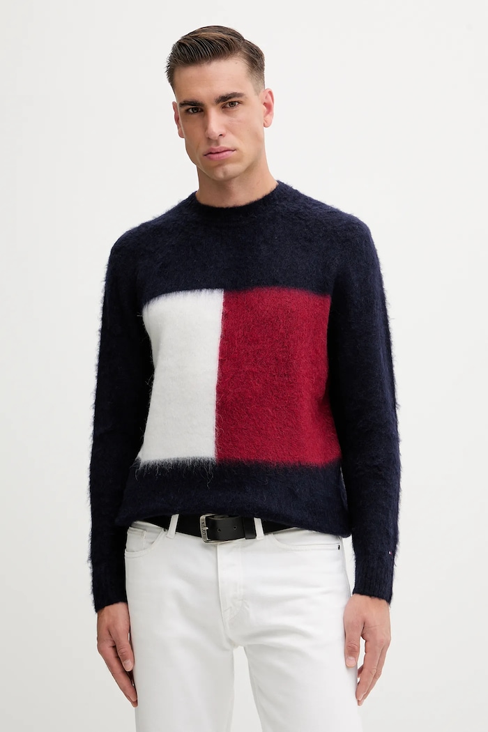 Sveter s prímesou vlny Tommy Hilfiger okrúhly tmavomodrá MW0MW41322