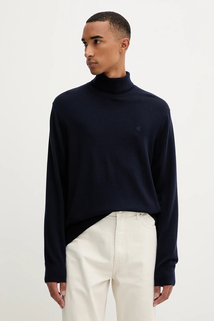 Vlnený sveter Calvin Klein rolák tmavomodrá LV04LD317G