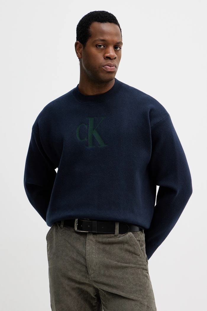 Calvin Klein Jeans sweter z domieszką kaszmiru okrągły granatowy LV04RD305G