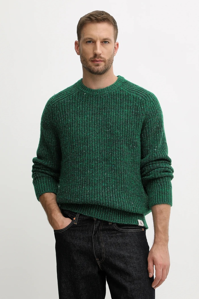 Calvin Klein Jeans sweter z dodatkiem wełny okrągły zielony LV04RD311G
