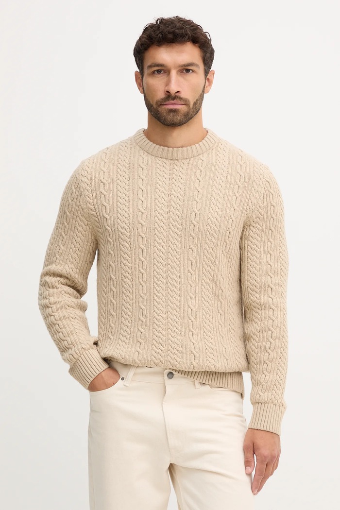 Vlněný svetr Barbour kulatý béžová MKN1679