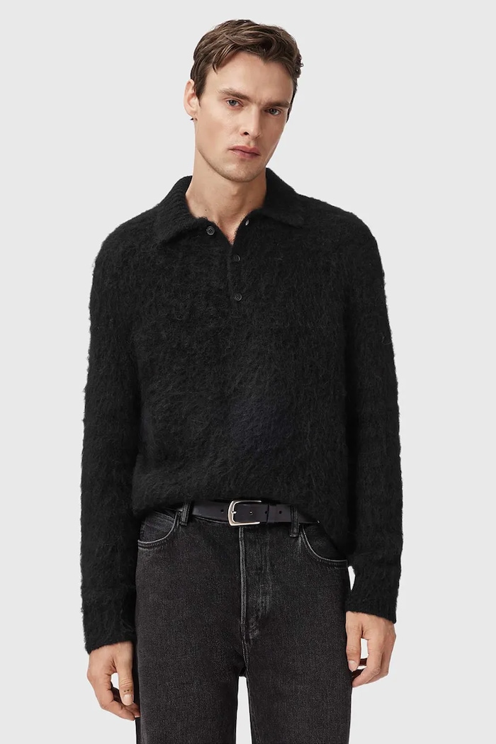 AllSaints maglione con lana SONNY colletto abbottonato nero M014KC