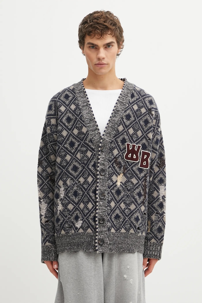 Vlnený kardigán Wales Bonner Sibling Cardigan nášivka sivá UA25KN45.WO12.951