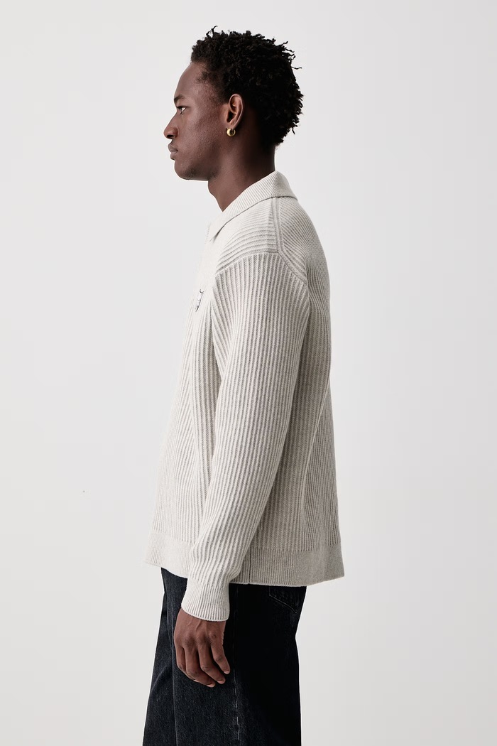 Fox Head Wool Ribbed Polo sweter wełniany męski Maison Kitsuné PM00213KT1149 beżowy