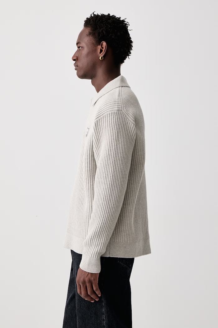 Fox Head Wool Ribbed Polo sweter wełniany męski Maison Kitsuné PM00213KT1149 beżowy