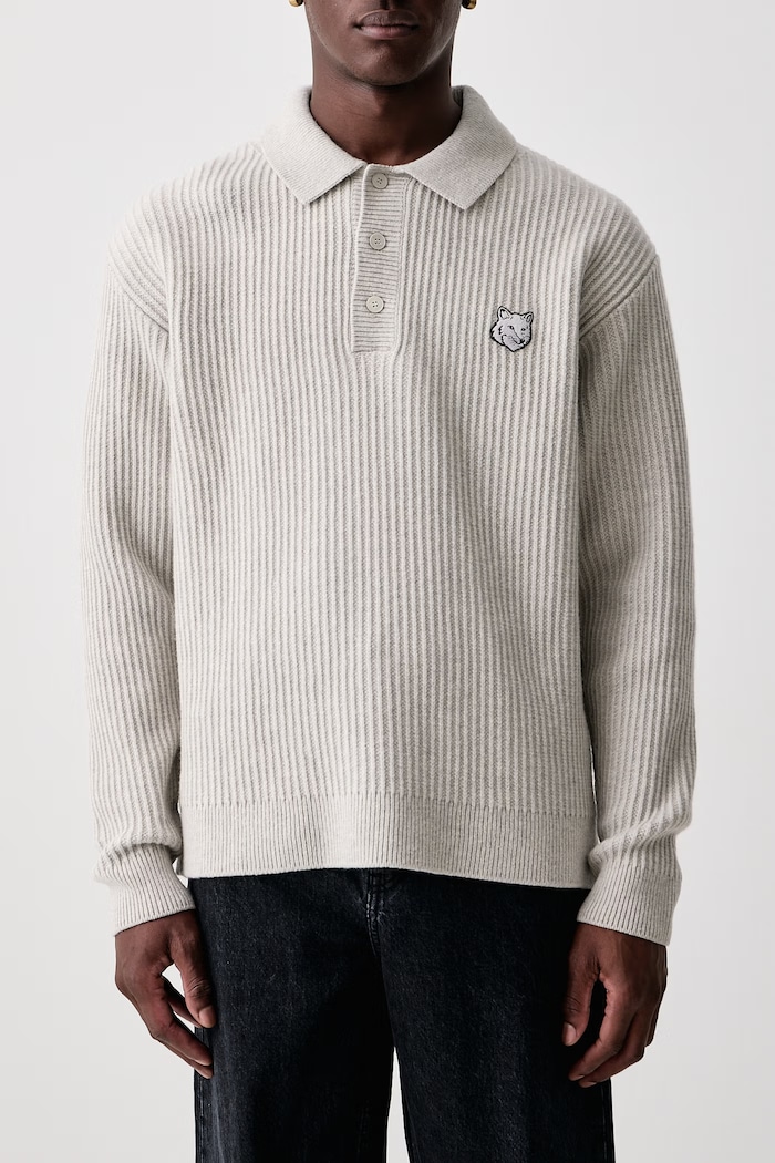Fox Head Wool Ribbed Polo sweter wełniany męski Maison Kitsuné beżowy PM00213KT1149