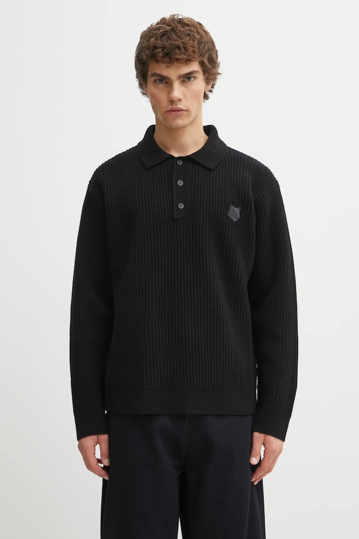Вовняний светр Maison Kitsuné Fox Head Wool Ribbed Polo щільний чорний PM00213KT1149