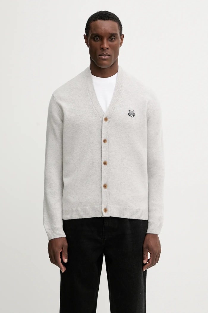 Vlnený kardigán Maison Kitsuné Fox Head Lambwsool Comfort nášivka sivá PM00502KT1006