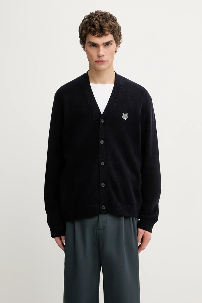Vlnený kardigán Maison Kitsuné Fox Head Lambwsool Comfort nášivka tmavomodrá PM00502KT1006
