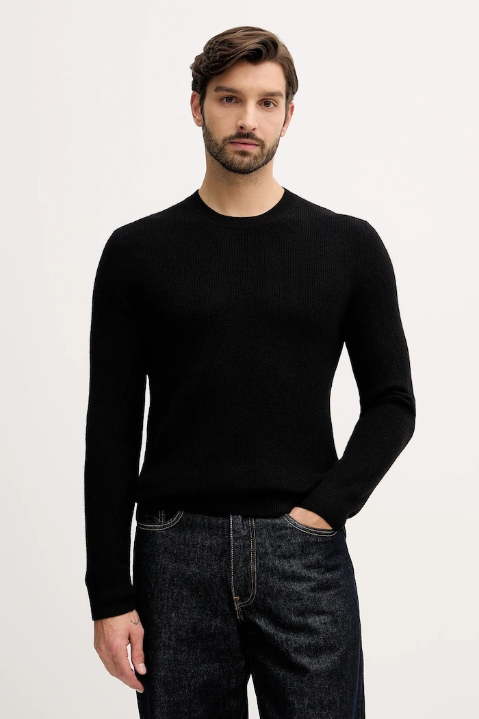 Sisley sweter z dodatkiem wełny okrągły czarny 18AYS104I
