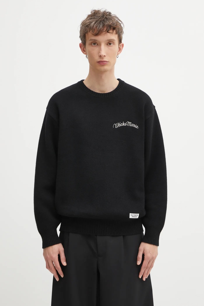 Вълнен пуловер Wacko Maria Classic Crew Neck изчистен черен 25FW.WMK.KN12